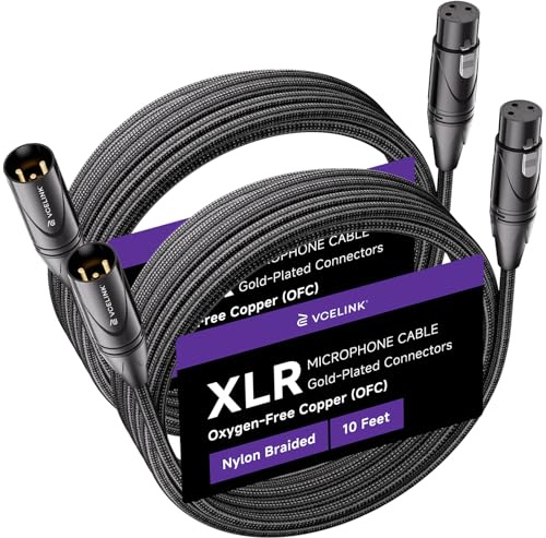 VCELINK XLR Cables 10ft 2 Packs, Male to Female XLR Microphone Cable, Gold-Plated 3-Pins Balanced Shieled Speaker Cable, AL & OFC Dual Shielded Balanced Mic Cord
