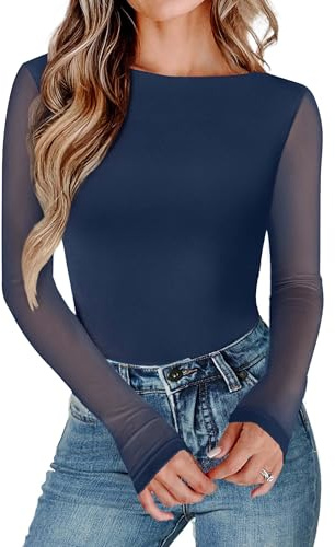 Avidlove Womens Long Sleeve Bodysuit Boat Neck Mesh Bodysuit Double Lined Leotard Dressy Tops for Women Night Out