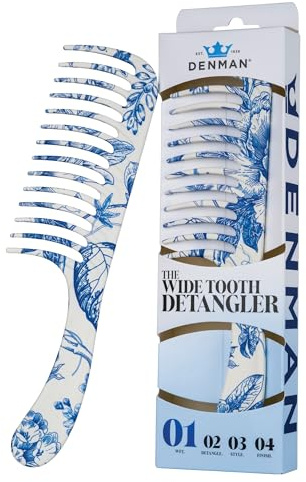 Denman D28 Wide Tooth Detangling Comb - Curved Pin For Detangling, Curl Defining, Smoothing - Wet Comb For All Hair Types, Women and Men (Blue Belle)
