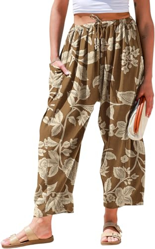 TARSE Womens Linen Pants Casual Wide Leg Loose Drawstring Low Waist Beach Palazzo Harem Pants with Pockets FlowerLeaveBrown S