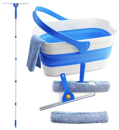 Window Cleaning Kit with Collapsible Bucket 3 Gallon, 14 Window Squeegee and 15 Scrubber with 61 Long Handle, Professional Window Washing Kit Cleaner Tool for Home Outdoor Office Commercial Use