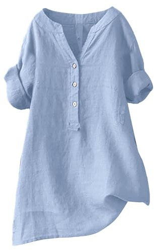 Tunika i linne för damer, modern oversize-blus i stora storlekar, långärmad sommarblus med V-ringning och elegant vintage-look, festlig topp, blå, M