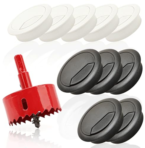 10 passacavo da scrivania con sega a tazza, 60 mm, presa di scarico cavi, colore bianco, passacavo da tavolo, rotondo, per tavolo, ufficio, piani di lavoro (cinque neri e cinque bianchi)