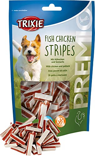 TRIXIE Premio Stripes mit Huhn & Seelachs - glutenfrei & ohne Zuckerzusatz - 65 % Fleisch- & 18 % Fischgehalt - perfekte Belohnung für Training & Spaziergänge - 75g - 31534