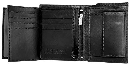 RAS WALLETS Men's RFID Secure Slim Wallet | Genuine Leather Bifold Purse with Coin Pocket | 3 ID Slots, Card Holder, 2 Zipped Pockets | Anti-Theft Compact Design - Art 503 (Black)