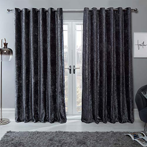 Sienna 2 Panel Crushed Velvet Curtain Eyelet Ring Top Pair of Fully Lined Curtains, Soft Luxury Thermal Insulated Curtains Window Treatment 46 x 72, Charcoal Grey