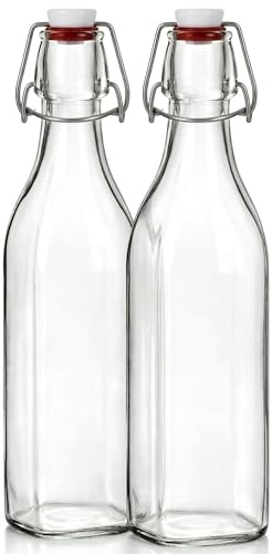 Clear SQUARE Swing Top Glass Bottles With Lids - 33.75 Oz - Airtight Flip Top Glass Water Bottles Great For Oil And Vinegar, Beverages, Juices, Smoothies - (2 Pack) (Not For Carbonated Beverages)