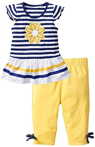 amropi Ragazze Righe Maglietta con Maniche Corte + Leggings Pantaloni Estate 2 PCS Set Completo per 1-8 Anni Blu Giallo,1-2 Anni