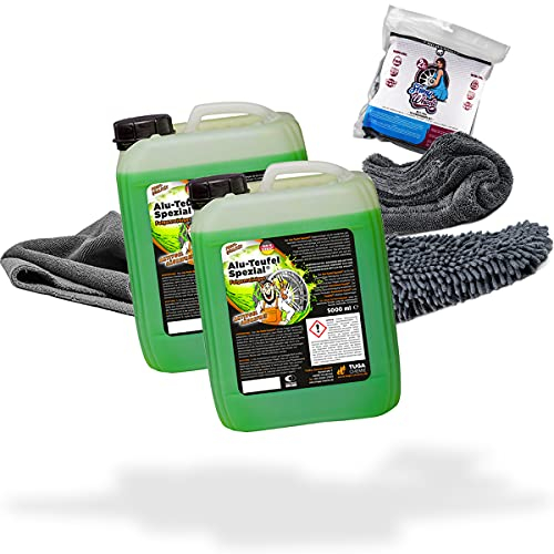 detailmate Felgen Reinigung Set: 2X Tuga Chemie Alu Teufel Felgenreiniger 5L + Nuke Guys Shiny Wheels Mikrofaserset + Edgeless Mikrofasertuch 380GSM