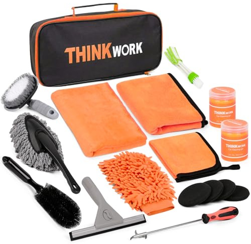 THINKWORK Juego de limpieza para el coche, juego de lavado de coche, juego de 17 piezas para el cuidado del coche para limpieza interior y exterior, salpicadero, rejilla de ventilación, motor, ruedas