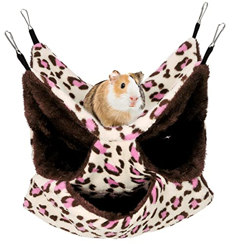 AUXSOUL Rat Hammocks for Cage, 3 Layer Pet Hammock, Soft Hamster Bed, Warm Chinchilla Hanging House, Plush Sugar Glider Cage, Small Animal Beds for Playing Sleeping (Pink leopard print)