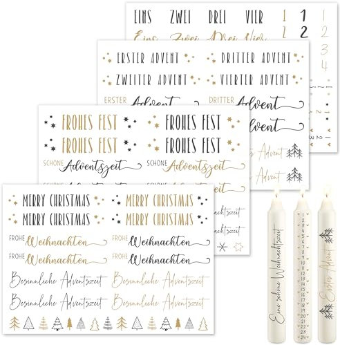 OWLBOOK® Kerzentattoos Weihnachten Kerzen Tattoo Folie Kerzensticker Kerzen Aufkleber Wasserschiebefolie Adventskerze Gold 4 x Din A5