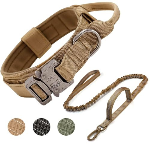 Ledeak Taktisches Hundehalsband, Verstellbares Militär-Hundehalsband mit Kommandogriff, Training Metallschnalle Nylon Verstellbar Hundehalsband für Hunde (XL, Hundehalsband + Hundeleine Braun)