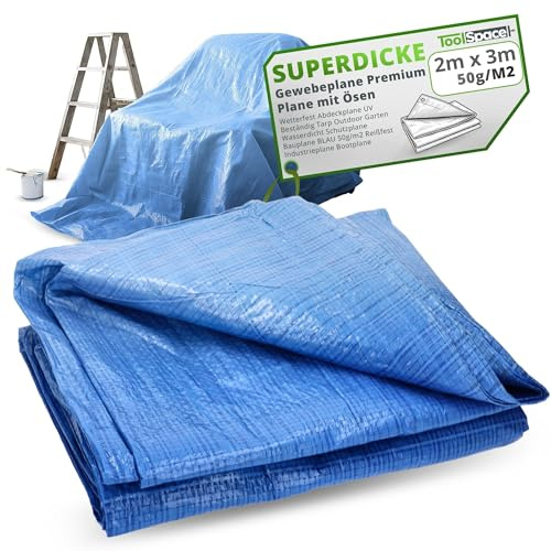 ToolSpace SUPERDICKE Gewebeplane Premium Plane mit Ösen 2x3 m Wetterfest Abdeckplane UV Beständig Tarp Outdoor Garten Wasserdicht Schutzplane Bauplane BLAU 50g/m2 Reißfest Industrieplane Bootplane