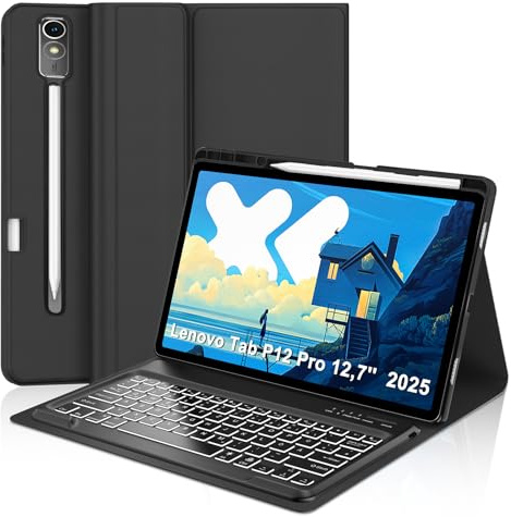 WAVATA Tastatur für Lenovo Idea Tab Pro 12.7 2025 mit Beleuchtete, Hülle mit Tastatur für Lenovo Idea Tab Pro 2025 Magnetische Bluetooth Abnehmbare QWERTZ Layout, Schwarz