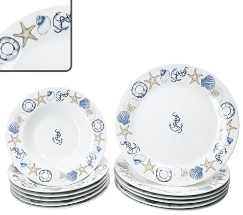 MamboCat Neptun Service de table 12 pièces I Vaisselle en porcelaine avec motifs maritimes Ancre, Coquillage & Co pour 6 personnes I 6 assiettes creuses & 6 assiettes plates pour petit-déjeuner