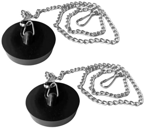 Dreamil Tappi di scarico per lavandino, 2 pezzi, tappi in gomma con catena di tappo in acciaio inox da 45 cm, per vasca da bagno, cucina, bagno, tappo per lavello (45,6 – 42 mm, nero)