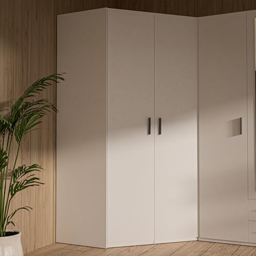 Forte TRAWEN Eck-Kleiderschrank 90, moderner Kleiderschrank, platzsparend, 2-türig, Schlafzimmer, Mehrzweckschrank, Holzwerkstoff, Weiß, 116,8 cm breit x 210,5 cm hoch x 116,8 cm tief