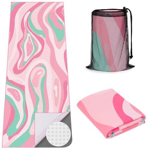 MicaYoung Serviette pour Tapis de Yoga Mat Microfibre Antidérapante avec Poches Aux Coins pour Yoga Chaud, Pilates, Salle de Sport, 188 × 66 cm, Rose