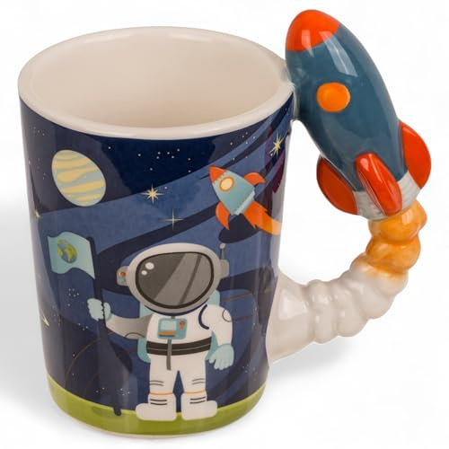 MIJOMA Rymdmugg med 3D rakethandtag – astronautkopp i dolomit, 375 ml, barnkopp rymdsmotiv, presentidé för pojkar och flickor, frukostmugg 13 x 13,5 cm