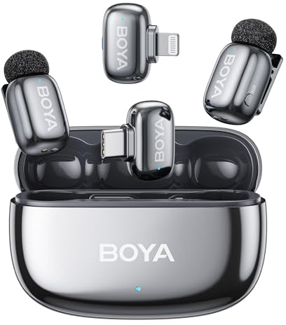 BOYA Mini 2 Micro Cravate sans Fil pour iPhone 7-17, Android, 5g, 48 kHz/24 Bit, Mini Micro sans Fil USB-C, Lightning, Anti-Bruit 40dB, 100m, 30h, Microphone Lavalier Compact pour Streaming