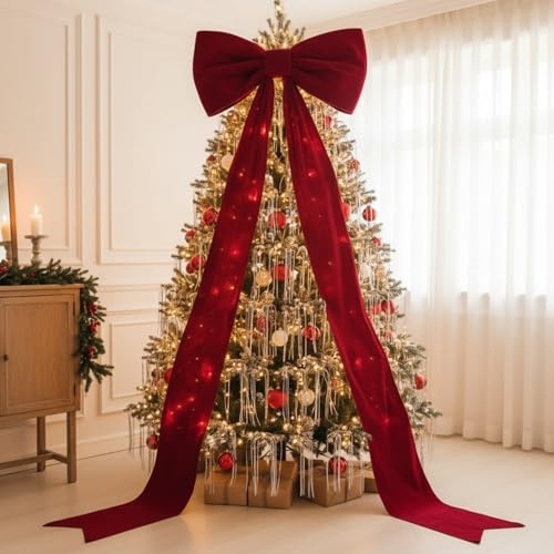 6 Ft Giant Red Velvet Christmas Bow - Valentines Day Christmas Decorations, Large Velvet Bow Garland for Holiday Tree Topper, Big Xmas Bows Valentine Decor for Tree Wreath Home Party & Wedding (Red)