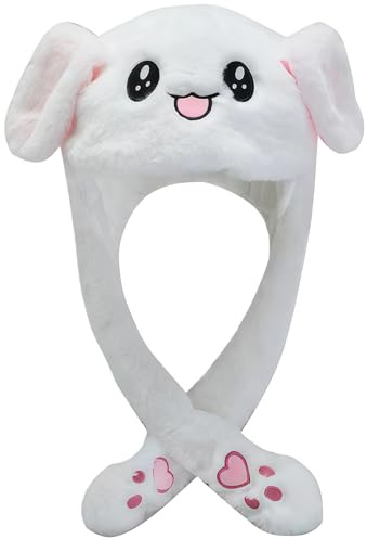 MUNSKT Bunny Hat with Moving Floppy Ears, Soft Plush Jumping Animal Ear Hat for Women, Cute Rabbit Ears Costume Accessory for Easter, Christmas Party, Fun Gifts for Her (White)