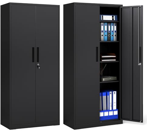 COSTWAY Armoire Bureau Metallique 180 cm, Armoire Rangement Garage en Acier, 2 Portes Verrouillables, Étagères Réglables en 26 Positions, Dispositif Anti-Basculement, pour Atelier, Noir