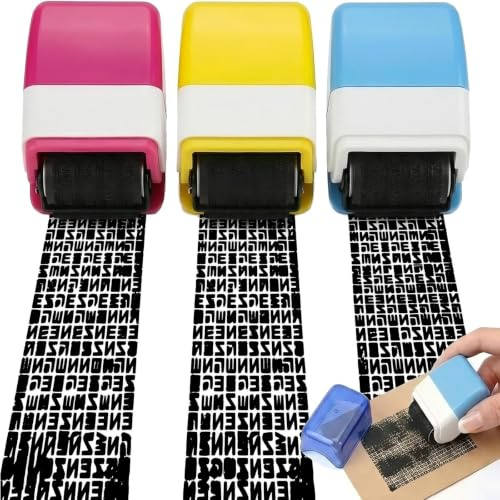 3Pcs Identity Theft Protection Roller Stamp, Data Defender Roller Stamp for Confidential Document Security, Address Blocker Stamp for Bills and Financial Records, (Blue Pink and Yellow)