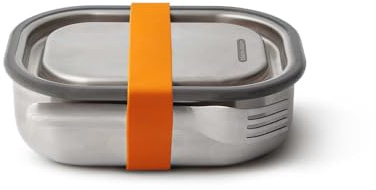 BLACK + BLUM Lunchbox Edelstahl 600 ml | Orange | 3-in-1 | Vakuumverschluss- 100% auslaufsicher | inkl. Göffel, Silikonband & Innenteiler | Ofen-& Gefriergeeignet | 20x14x6 cm | Brotdose mit Fächern