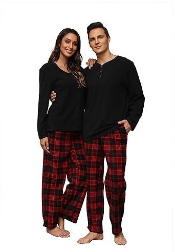 U2SKIIN Schlafanzug Damen Fleece Pyjama lang Karierte Schlafanzüge für Damen Kuschel Pyjama Set warme Nachtwäsche Loungwear (Schwarz/Rot-Schwarz Kariert-W, M)