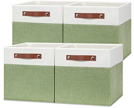 Temary 30,5 cm Stoff-Aufbewahrungswürfel mit Ledergriffen, 4 Stück Würfelkörbe für die Organisation von Schrank, faltbare Stoffkörbe für Regale (weiß und grün)
