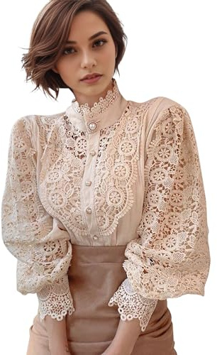 Petalum Femme Chemisier Dentelle Chic Chemise Victorien à Manche Longue Bouffante Ballon Sexy Chemisier Gothique Lolita Lace Ajouré Top Blouse Renaissance Elégant Vintage (Abricot, Taille 40(2XL))