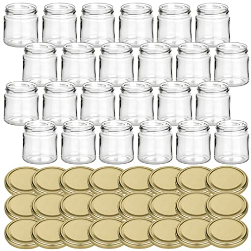 gouveo Lot de 24 pots à confiture 250 g «Miel» avec couvercles à vis dorés – Petits pots de conservation avec bouchons à vis – Pots de conservation vides, pots à vis (HGTO250G)