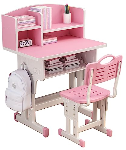 Kinderschreibtisch- Und Stuhlset, Höhenverstellbarer Kinderschulschreibtisch Mit Neigbarem Schreibtisch, Buchständer, Metallhaken Und Aufbewahrungsschublade Für Jungen Und Mädchen (Color : Rosa, S :