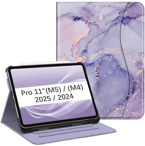 FINTIE Fodral kompatibelt med iPad Pro 11 tum (2024) M4 – [hörnskydd] flervinklat visningsstativ med ficka och pennhållare, automatisk väckningssömn, lila marmor
