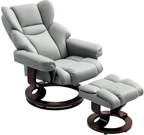 HOMCOM 360° Swivel Recliner Chair with Footstool, PU Leather Manual Recliner Armchair with Footstool, Solid Wood Base, Upholstered Reclining Chair for Living Room, Bedroom, Office, Light Grey