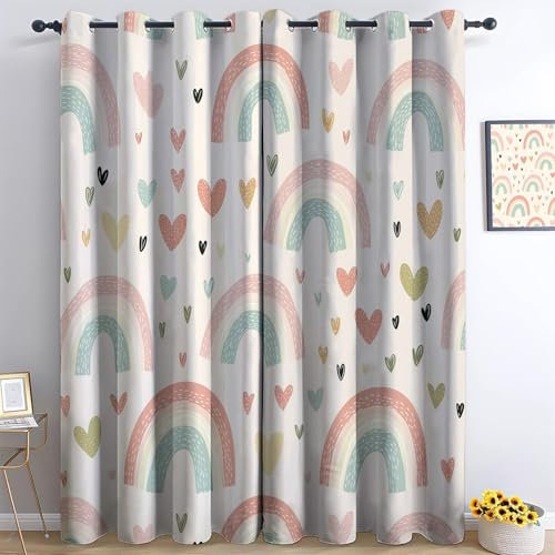 Cortinas Aislantes Termicas Dibujos Animados Arco Iris Forma De Corazón 2 Piezas con Ojales, 3D Patrón Cortinas Opacas para Habitacion Y Dormitorio Sala De Estar Infantil Decoración 75 x 166 cm