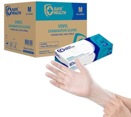 Safe Health Vinyl Exam Disposable Gloves, Latex Free, Powder Free, Clear, Case of 1000, Medium, 3.5 mil, Medical Grade, Nursing, Office, Kitchen, Pet Care, Cleaning, Housework,Food Service