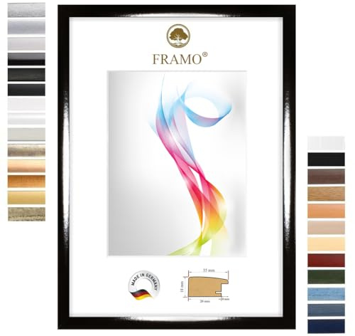 FRAMO Cadre photo en bois 35 x 50 cm (Dimension de l'image) en Noir brillant | Taille sélectionnable | Affiches | Puzzle | Collage | Sur mesure | personnalisés