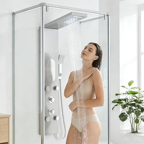 HARNART Système de Panneau de Douche avec 5 Modes,Tour de Panneau de Douche LED,5 Jets de Massage Corporel Bec de Baignoire Pomme de Douche à Main avec Tuyau 1.5 m,Ensemble de Douche,Brossée