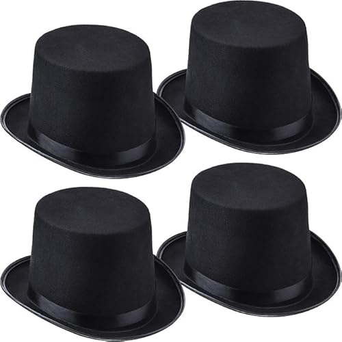 TESIN 4 Stück Schwarzer Filz Zylinderhut im Set, Lustige Partyhüte für Herren Kostüm Party Accessoire Zauberer Hochhut für Karneval, Weihnachten, Cosplay