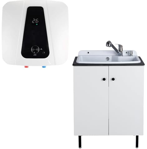 SIGO – genomströmningsvärmare-set, elektronisk kompakt boiler med badrumsskåp, handfatarmatur och dispenser, kontor, verkstad, fritidshus, butik, serviceutrymmen – 10 l