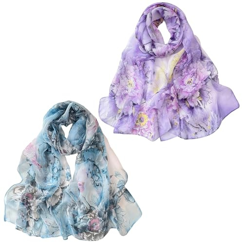 MUNSKT Bufandas de gasa para mujer, paquete de 2 chales de georgette ligeros con estampado floral, bufandas elegantes para mujer, bufanda de mujer para vestidos, bodas, playa, primavera, otoño