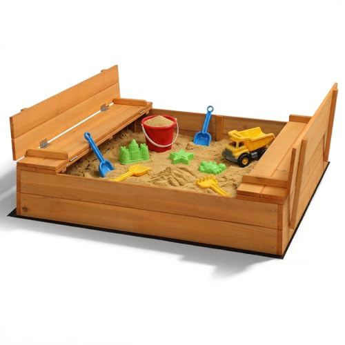 LEADZM Bac à Sable en Bois pour Enfants avec Banc et Couvercle, 110 x 110 x 21 cm, Grand Bac à Sable Extérieur pour Jardin, Plage, Parc, Cadeau pour Garçons et Filles de 3 à 12 Ans