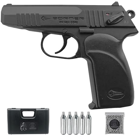 Pistola Borner PM Next Core CO2 (4,5mm) | Pack Pistola de balines (perdigones Bolas de Acero BB's). Arma de Aire comprimido CO2 Calibre 4,5mm [3 Julios]