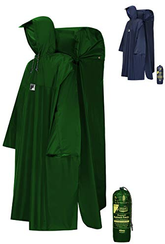 HOCK Regenponcho Wandern 'Kraxen AS' mit Regenschutz für großen Rucksack Regencape Atmungsaktiv mit Sturmhalteband Langer Wanderponcho mit verstellbarer Vorderlänge - Grün - L