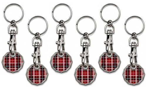 Craft 4 You Pack of 6 x Shopping Trolley Token UK Keyring £1 Coin Shape Pound Tokens Key Ring for Supermarkets Locker Gym (6 x Tartan)
