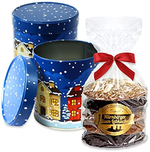 Geschenkdose Blau gefüllt - 5 Elisenlebkuchen gemischt 400g - Lebkuchen Geschenke Dose für Weihnachten Keksdose Plätzchendose Weihnachtsdose Lebkuchenwelt