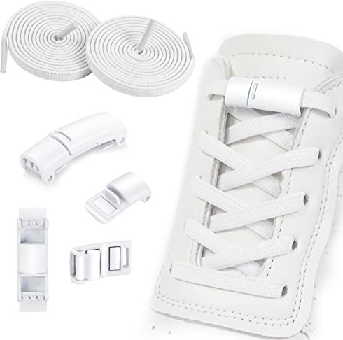 OSDUE Cordones Elásticos Sin Atar, 2 Pares Ajustables Cordones Planos sin Nudo sin Nudos con 4 Hebilla Metal Elásticos Cordón Planos para Zapatillas, Botas y Zapatos Para Niños y Adultos 100cm Blanco